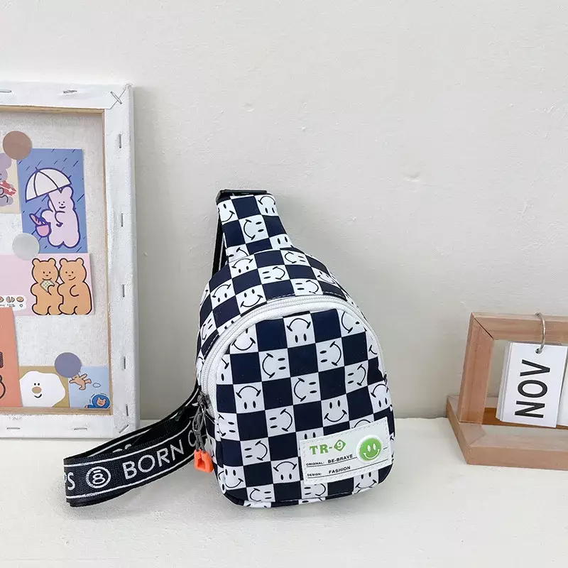 한국 스마일 아동용 숄더백, 빈티지 체크 체크 무늬, 작은 사각형, 남아 및 여아용 메신저 백, 동전 지갑 핸드백