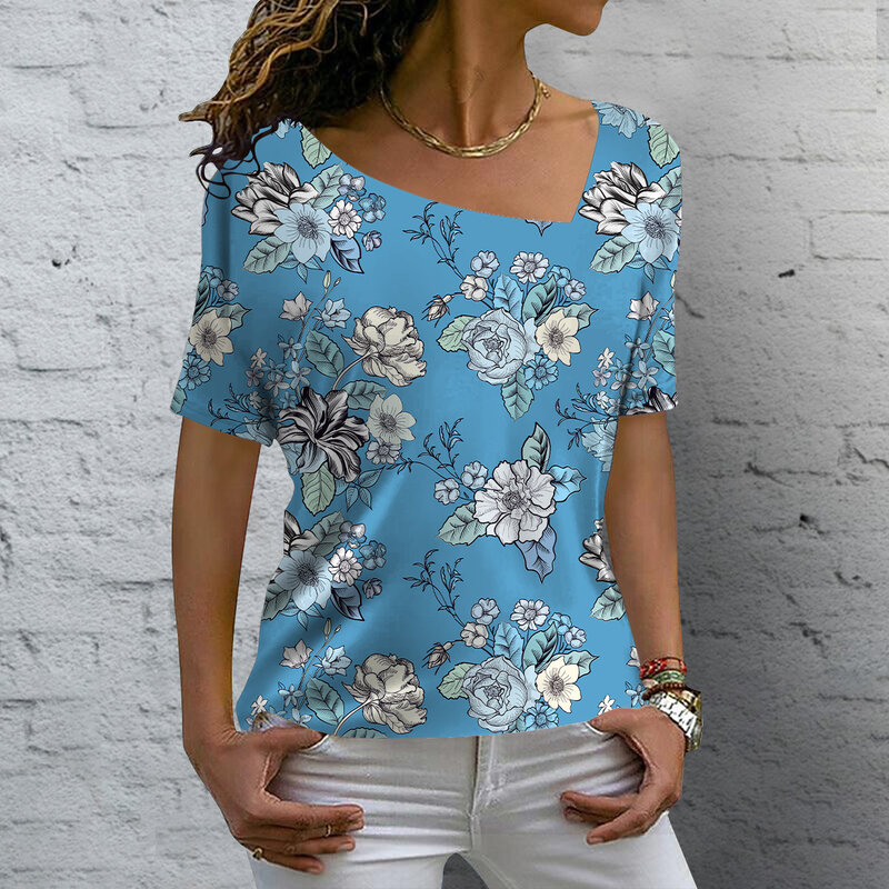 2023 New V-neck Fashion T Shirt Summer Flower Printing Short Sleeve Women's Casual Basic T-Shirt Ladies Vintage Elegance Tops
