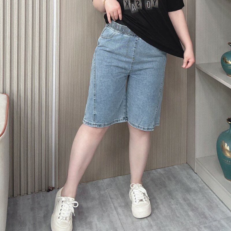 Summer 2024 Denim Shorts Plus Size Women Elastic High Waist Loose Casual Knee Length Wide Leg Jeans
