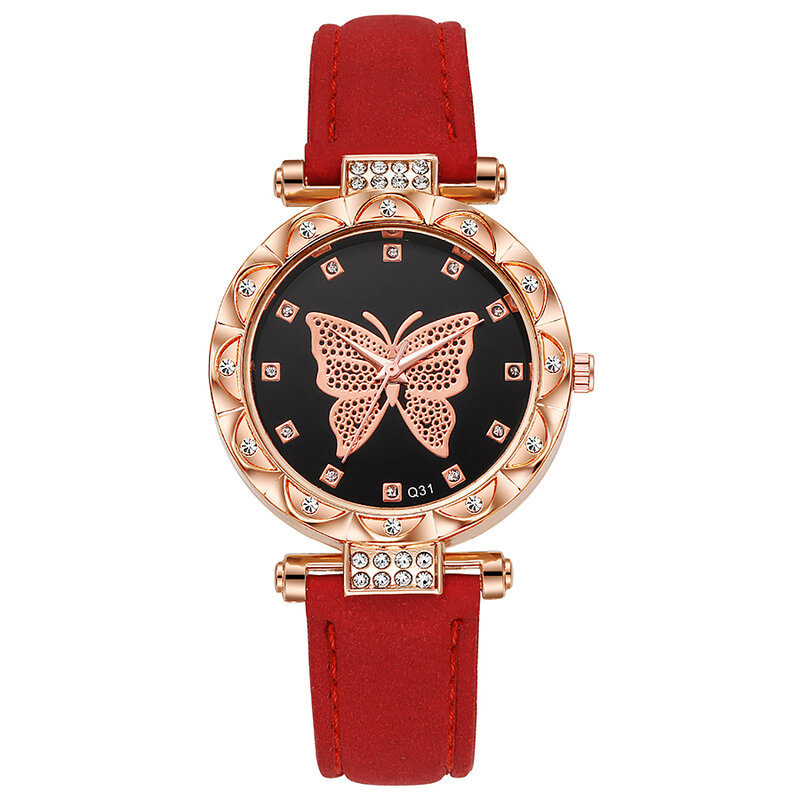 Reloj de cuero abrasivo para mujer, reloj de diamantes de imitación, serie mariposa, nuevo diseño, Comercio Exterior