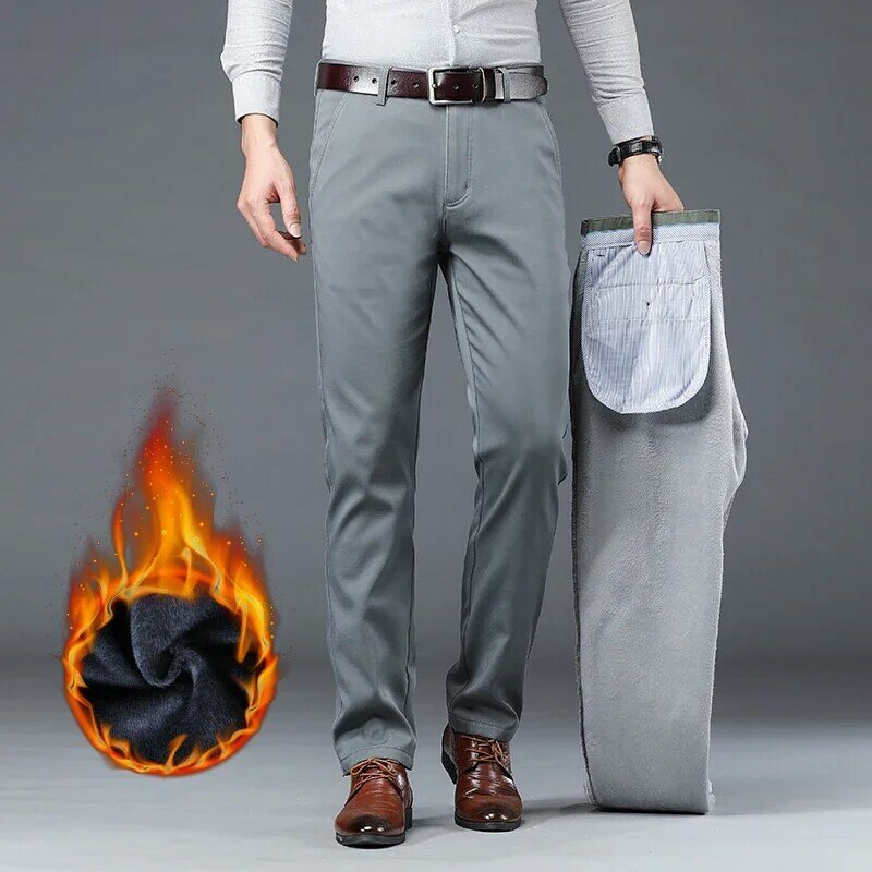KUBRO-Pantalones cálidos de estilo clásico para hombre, pantalón informal, grueso, Regular, de marca, color caqui, azul marino y negro, moda de negocios, talla grande, Invierno