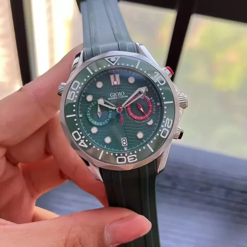 Luxury Men's Quartz Chronograph VK63 Watch 904L Stainless Steel Black Blue Green Ceramic Bezel Speed Rubber Moonwatch
