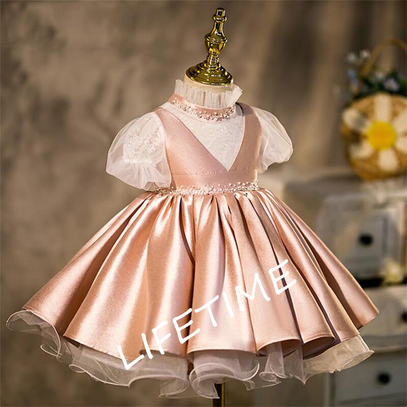Champagne Puffy Flower Girl Dresses High Collar Princess Dress Satin Puffy First Communion Dress Cute Kids Dress Baby Girl Gown