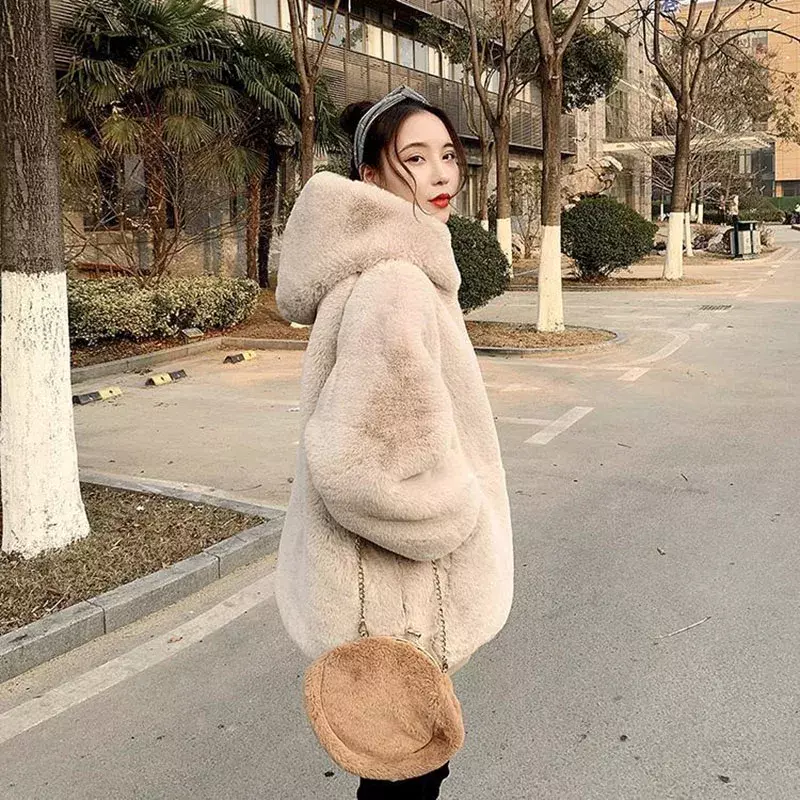 Зимнее повседневное однотонное теплое пальто, женская модная куртка на молнии с капюшоном из искусственного кроличьего меха, женское Свободное пальто в ленивом стиле из искусственного меха