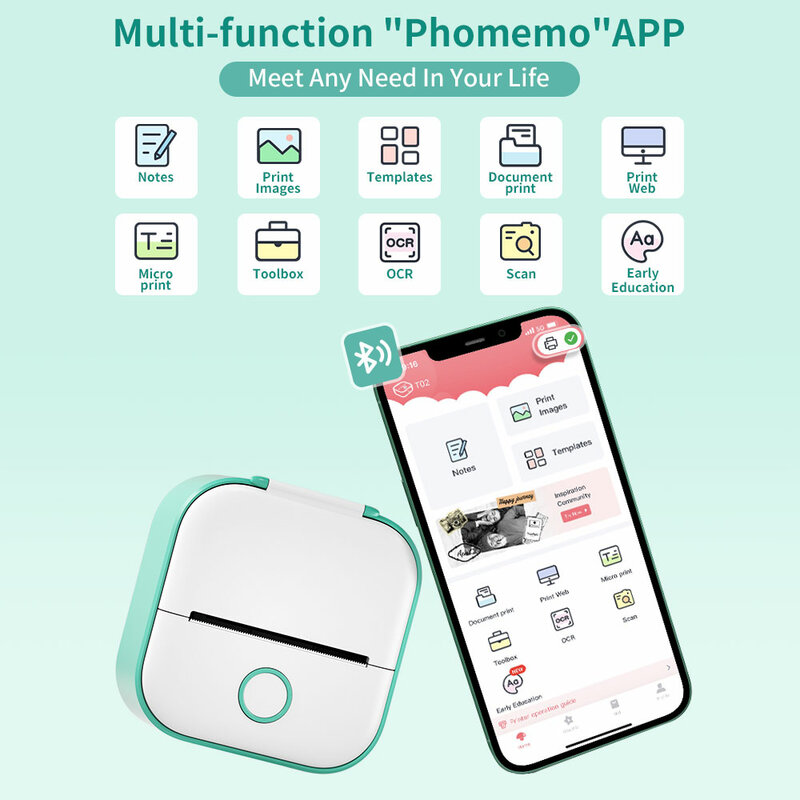 Phomemo-Mini impresora térmica portátil para teléfono, máquina de impresión térmica de bolsillo sin tinta, Compatible con Android e iOS, imprime al instante, modelo T02