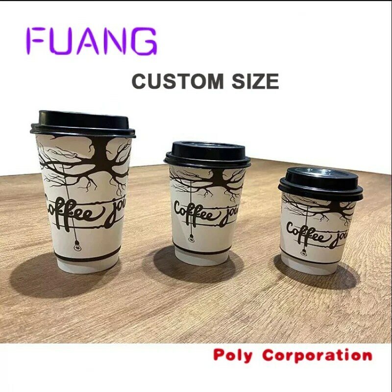 Custom  customization logo takeaway 7oz  8oz 16oz 22oz warm coffee packaging kraft paper holder paper cup with drinking lid cove
