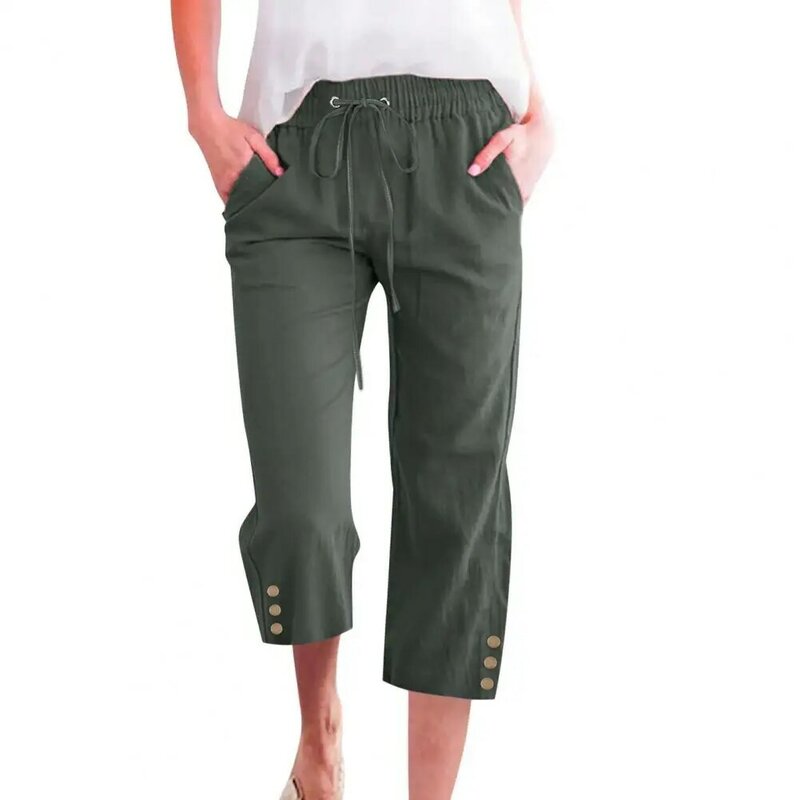 Solid Color Wide-leg Trousers Elastic Waist Women's Summer Cropped Pants with Pockets Buttons Loose Fit Casual for Streetwear