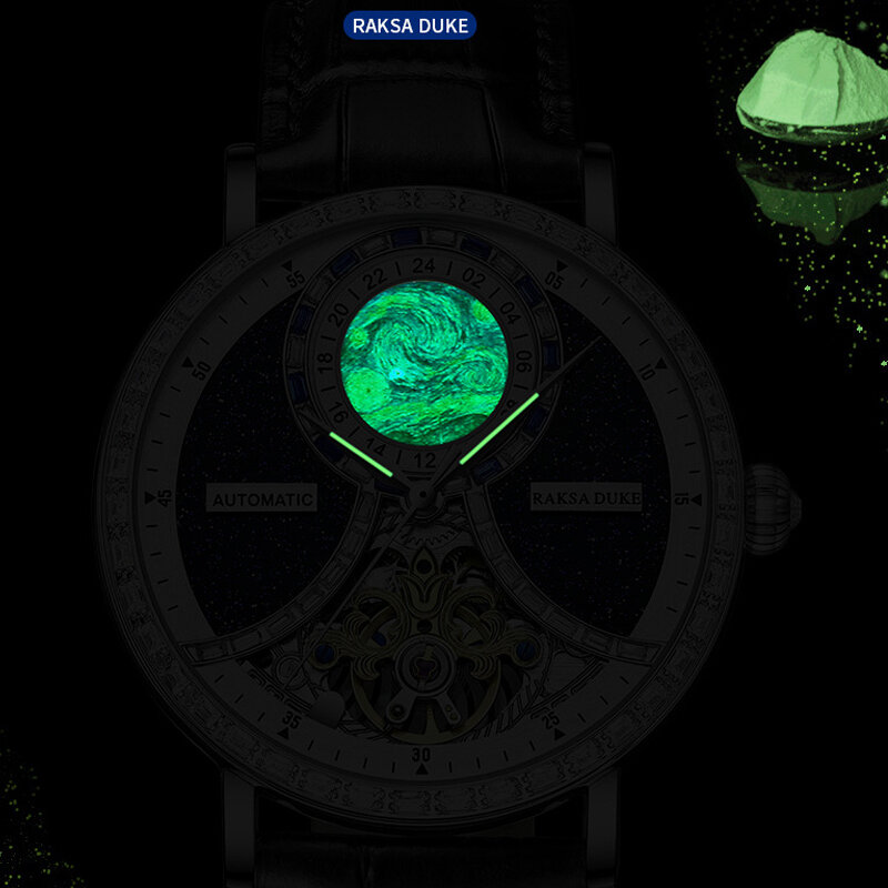 Загадочные звездное небо W/ Diamond Автоматические часы для мужчин Роскошные Raksa Duke Скелет Турбийон Механические Мужские часы Relogio