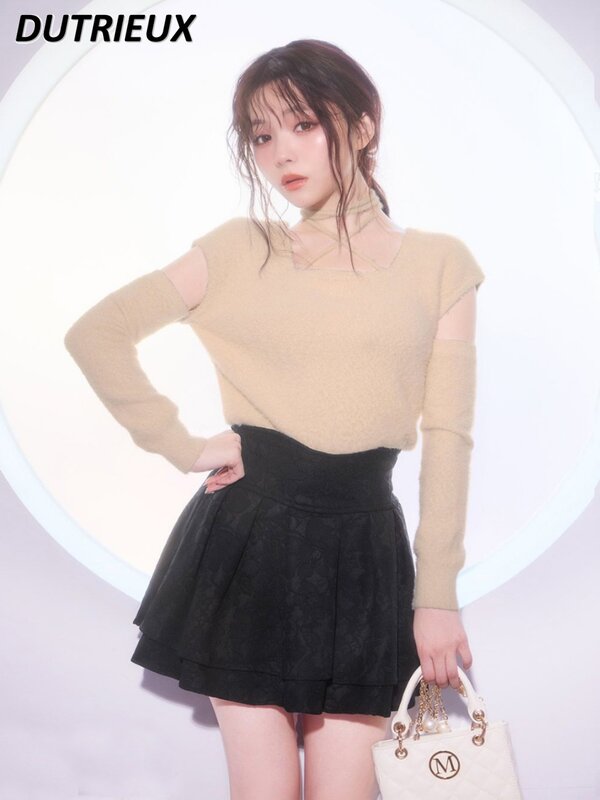 Mini jupe plissée noire japonaise pour femme, dentelle composite, motif foncé radian, taille haute, jupes Lolita fille, printemps, été, nouveau