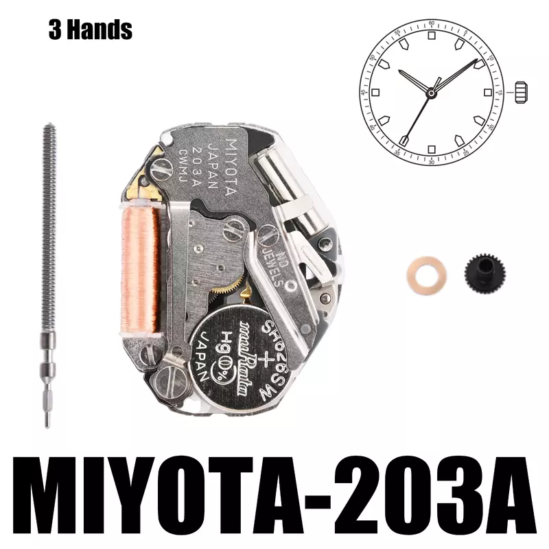 Standar Miyota 203A | Pergerakan jam tangan MIYOTA gerakan Cal.203A 3 tangan gerakan standar. Ukuran: 6 3/4 × 8''tinggi: 3.15mm