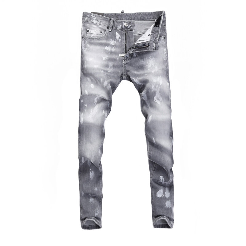 Modne dżinsy męskie uliczna wysokiej jakości Retro szara elastyczna dopasowana porwane jeansy mężczyzn malowana designerska markowe spodnie Hip Hop Hombre