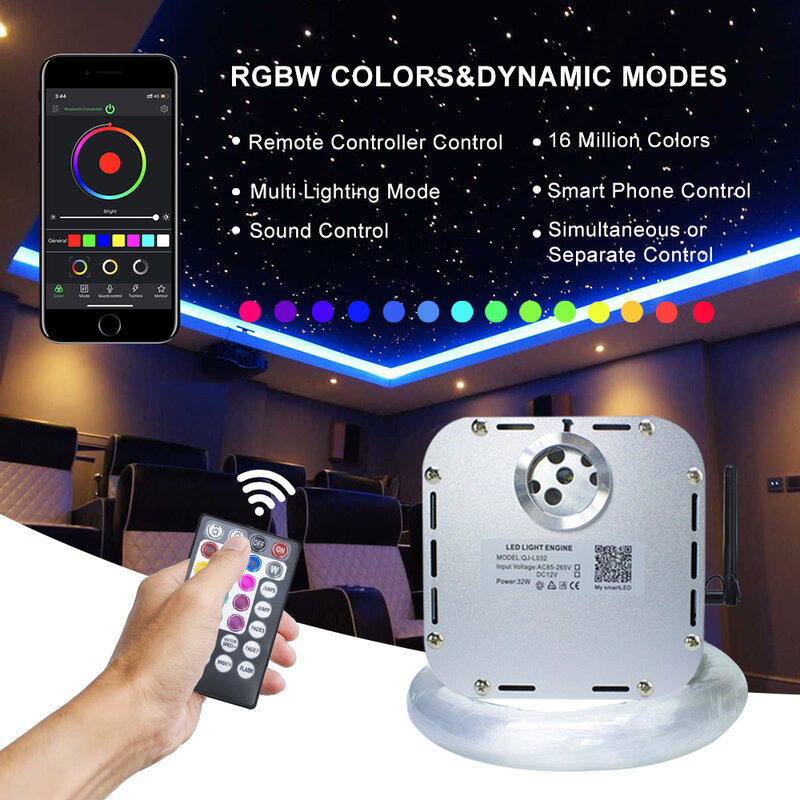 32W RGB Twinkle Fiber Optic Light Starry Sky soffitto Kit misto 835 *(0.75mm + 1mm + 1.5mm)* 4/5M cavo in fibra ottica con controllo APP
