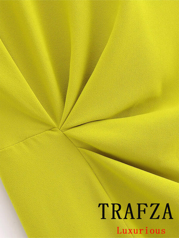 TRAFZA Vintage Casual Chic Women Dress Yellow Solid O-Neck Zipper Sleeveless Straight Vestidos Fashion 2024 Spring Summer Dress