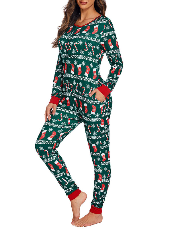 ZIYIXIN damska świąteczna piżama z długim rękawem i dekoltem w serek z nadrukiem luźne odpinane krocze elastyczne świąteczne kombinezony