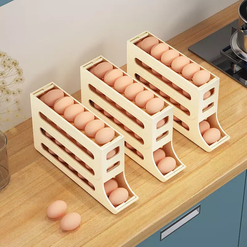 Nowa lodówka automatyczna skrzynka do przechowywania uchwyt na półkę na jajka z przewijaniem pojemnik na pojemnik Organizer dozownik do jaj