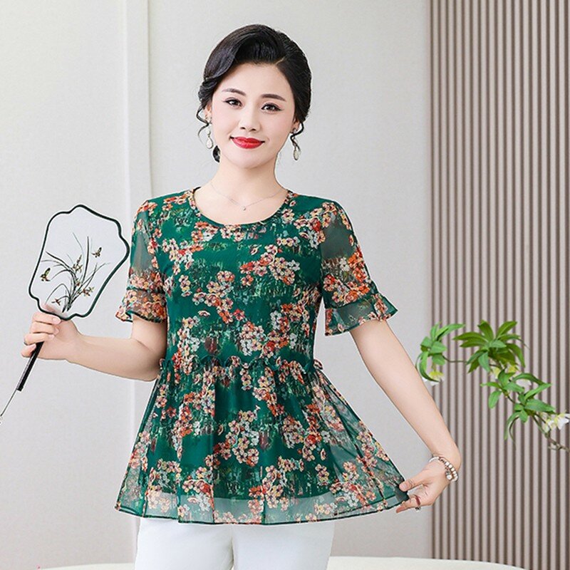 Floral Print Chiffon Casual Loose Thin O-Neck Women's Blouse Shirt Short Sleeve Pullover Blouses Summer Spring