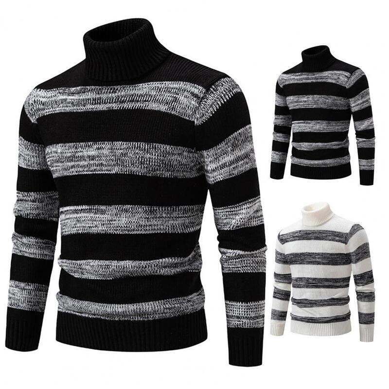Men Daily Sweater Stylish Men's Striped Colorblock Sweater Warm Knitted High Collar Pullover for Fall/winter with Neck