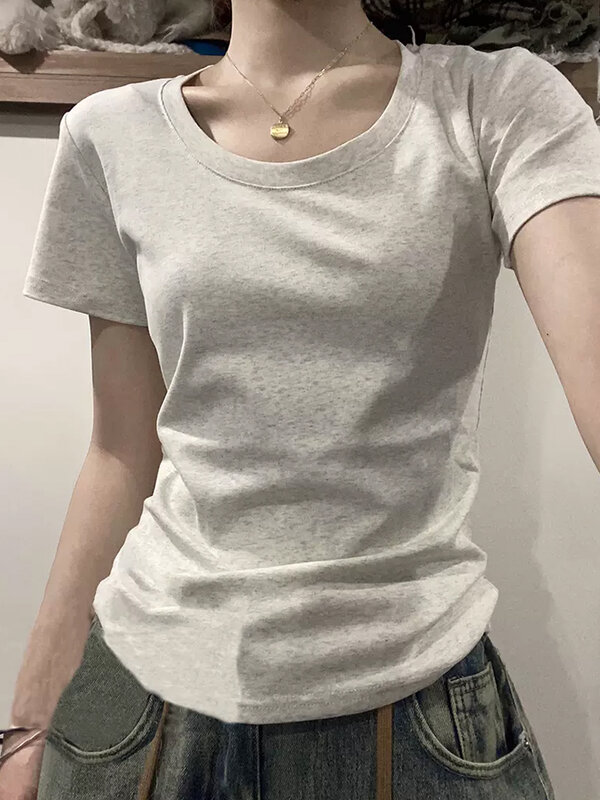 미국 빈티지 반팔 어깨 티셔츠 여성 여름 슬리밍 슬림 핏 자루 짧은 뷔스티어 탑 디자인 감각 틈새