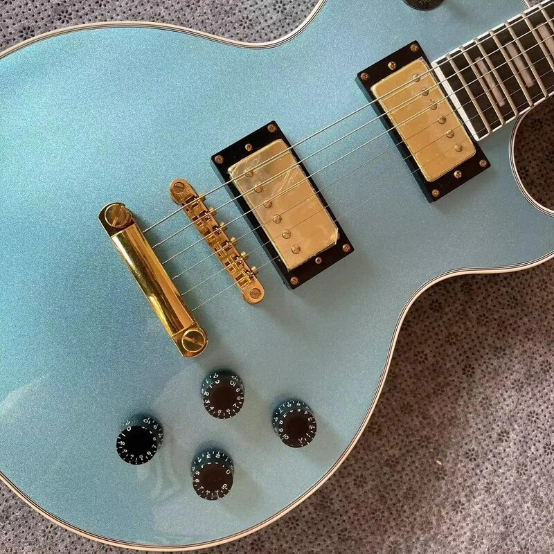 Chitarra elettrica LP chitarra elettrica integrata a 6 corde, corpo blu in metallo, colore brillante, tastiera in ebano, pista in acero, Pi chiuso