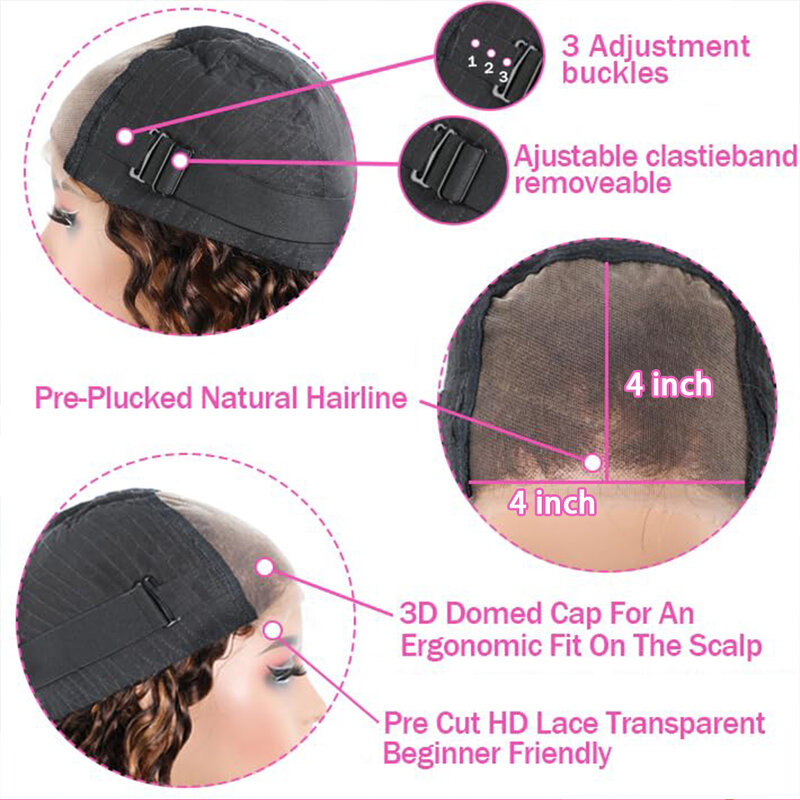 CUBIC Highlight-Peluca de cabello humano rizado para mujer, postizo de encaje frontal degradado 4x4, pelo rubio miel P4/27, 18-42 pulgadas