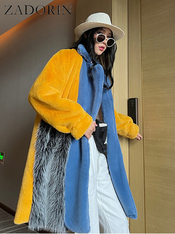 ZADORIN 2024 зимние куртки из искусственного меха для женщин меховые теплые комбинированные синие пальто контрастных цветов из искусственного меха длинная куртка кардиган для женщин