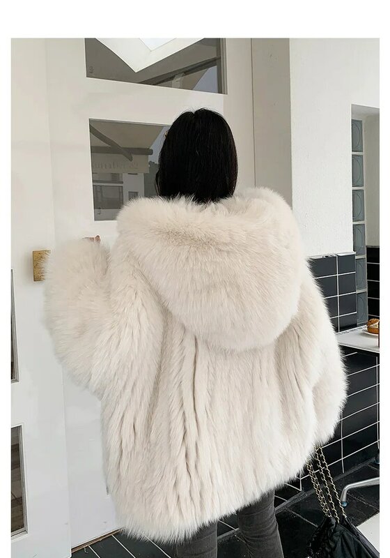 Mantel bulu rubah putih mode musim dingin wanita mantel bulu imitasi hangat bertudung lengan panjang desain wanita manis