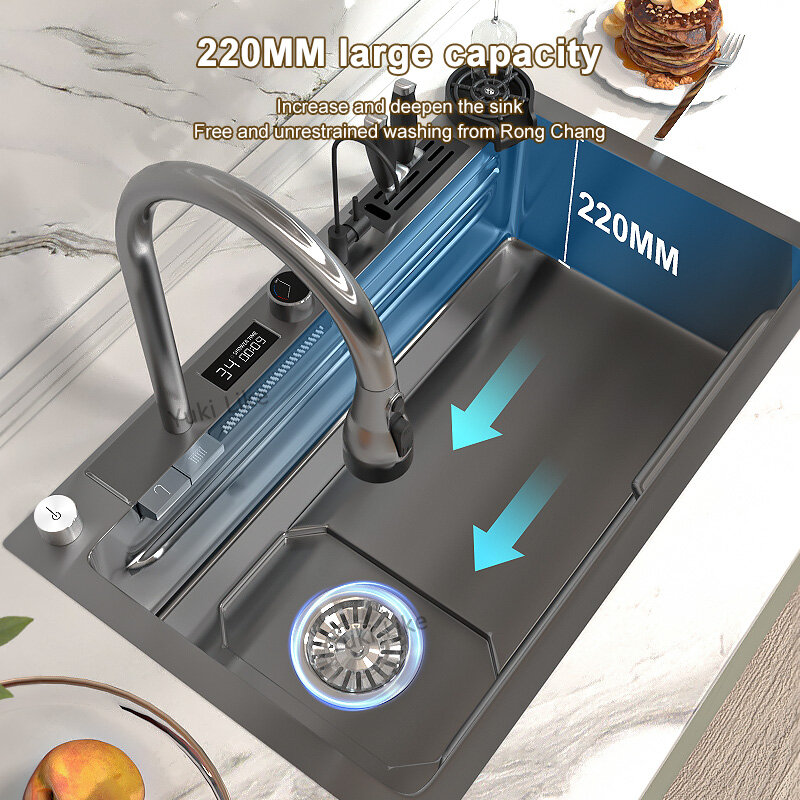 Lavello a cascata da cucina in acciaio inossidabile 304 Display digitale lavello per lavabo singolo grande con cascata Touch multifunzione