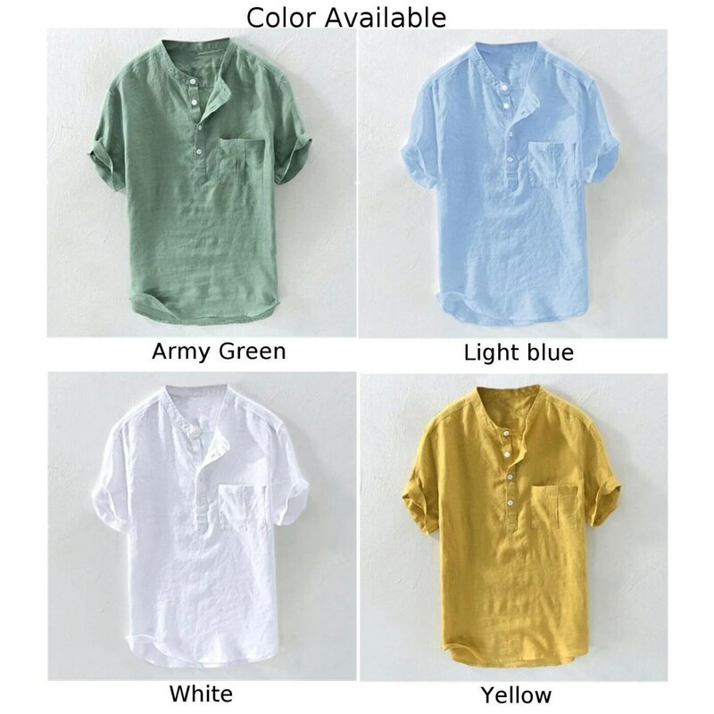 Men's Casual Loose Short Sleeve Shirt Quick Dry Tops Collarless Soft Dress Shirts Plus Size Solid Color Holiday Top Tee