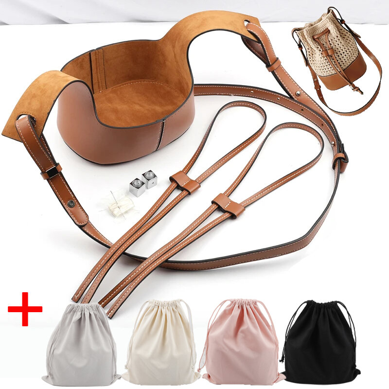 Handmade bolsa alça de ombro oco cordão tecido saco conjunto balde saco de couro com saco inferior cinto para diy mochila