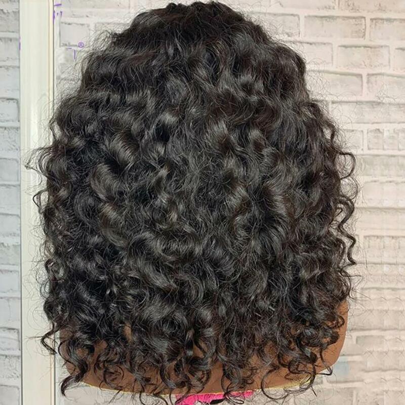 Soft Glueless Kinky Curly Machine Wig com Franja para mulheres, longo, preto escuro, cabelo do bebê, pré-arrancado, resistente ao calor, 180 Densidade, 26"