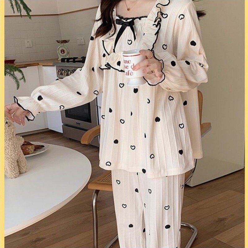 Весенне-осенняя Женская пижама с длинным рукавом из чистого хлопка Пижама Милая свободная ночная рубашка 2024 новейшая одежда для сна повседневная домашняя одежда
