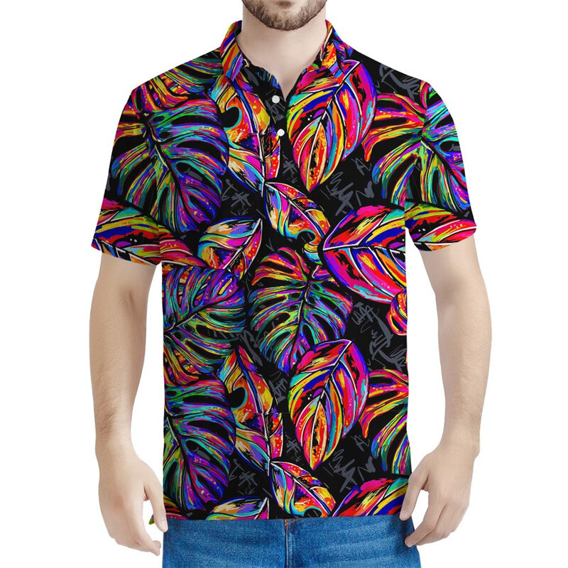 다채로운 열대 잎 그래픽 폴로 셔츠, 3D 프린트 티셔츠, 남성 상의, 오버사이즈 티셔츠, 캐주얼 단추 반팔, 여름