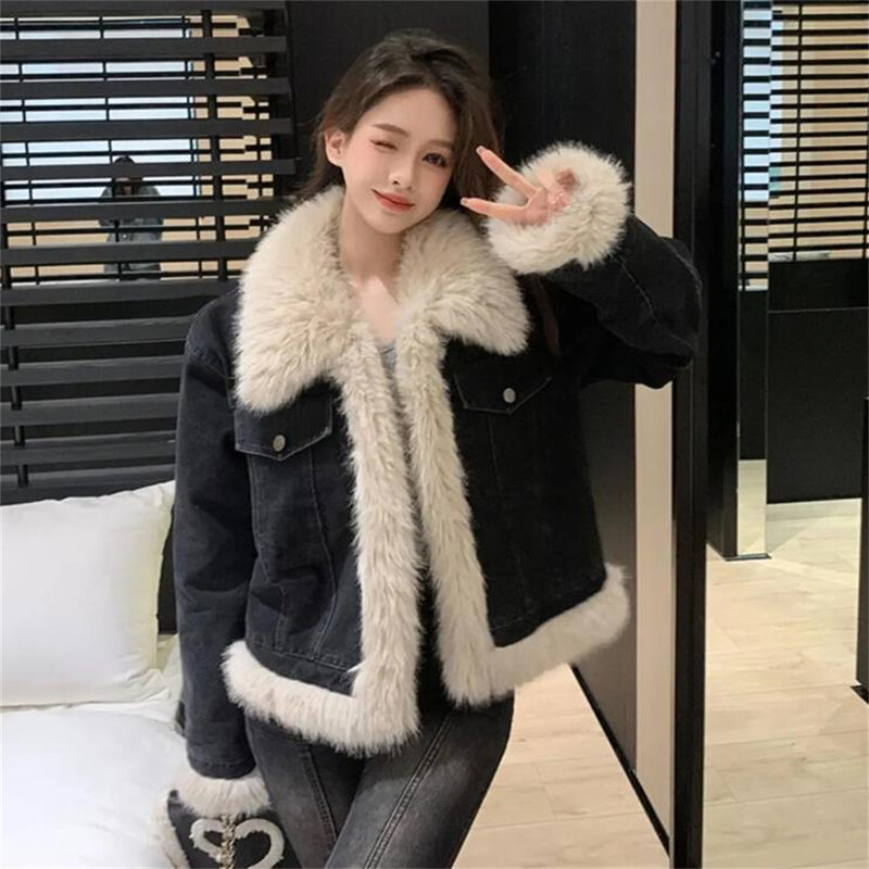 Women's Vintage Solid Fur Denim Coats Casual Fashion Patchwork Long Sleeves Jackets 2024 Spring New Female Y2k Harajuku Tops