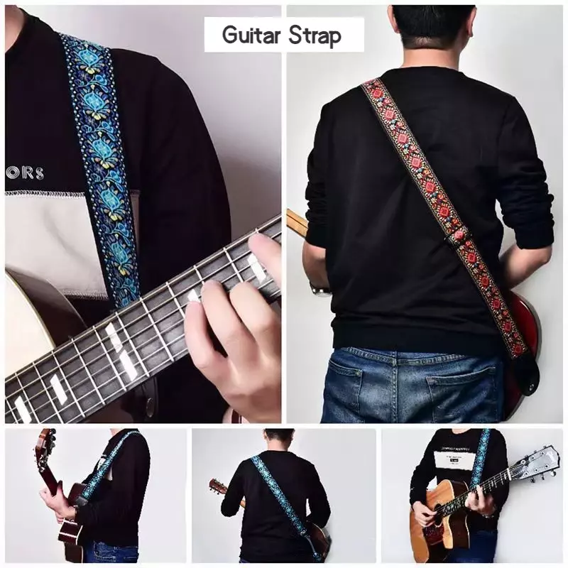 Tali gitar bordir warna-warni gitar akustik elektrik Bass Ukulele sabuk bahu katun dapat disesuaikan ekstra lebar untuk pria anak-anak