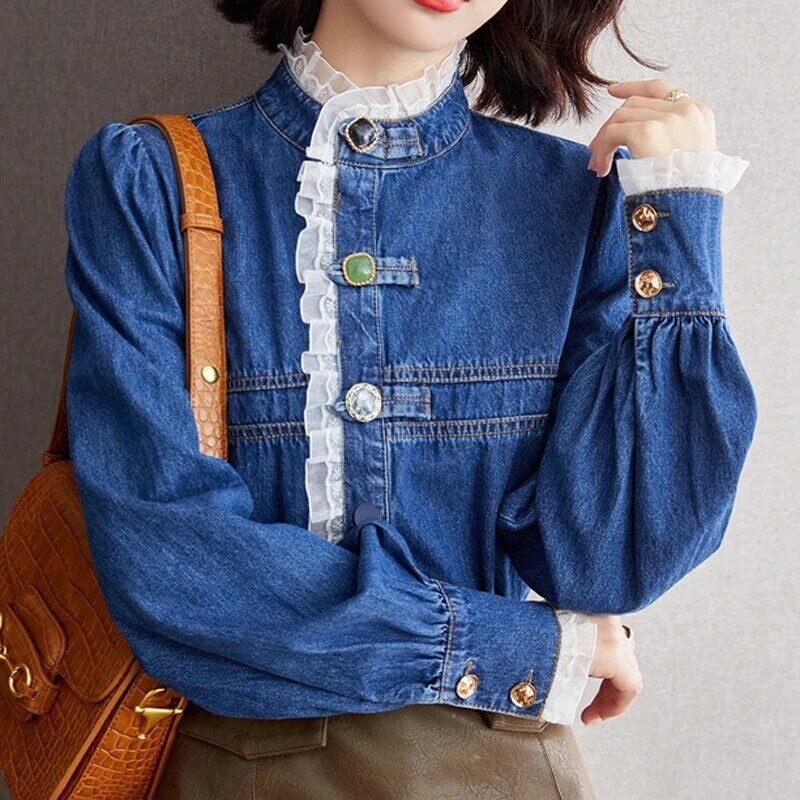 คาวบอย MODE Korea ผู้หญิงเสื้อ2022แขนยาวสีฟ้าสำนักงานสวมใส่ผู้หญิงผู้หญิงเสื้อ Blusas Para Mujer Tops