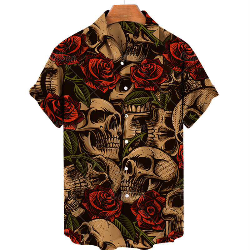 Camisa com estampa de caveira 3D masculina e feminina, blusa solta havaiana, camiseta respirável, manga curta, moda verão, 5XL, 2024