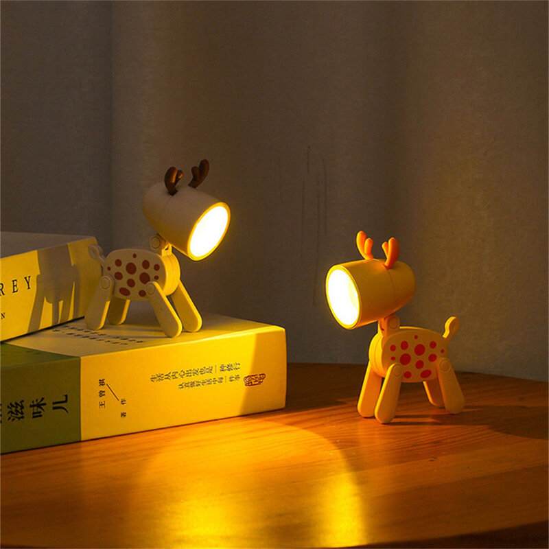 Lampu malam Mini LED, ornamen lampu meja dapat dilipat rusa anjing lucu lampu buku ruang anak-anak samping tempat tidur kamar tidur dekorasi hadiah liburan