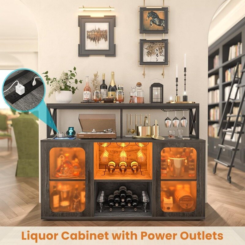 Kabinet Bar dengan outlet daya, kabinet minuman keras dengan lampu Led dan pemegang kaca, Penyimpanan kabinet prasmanan Bar kopi