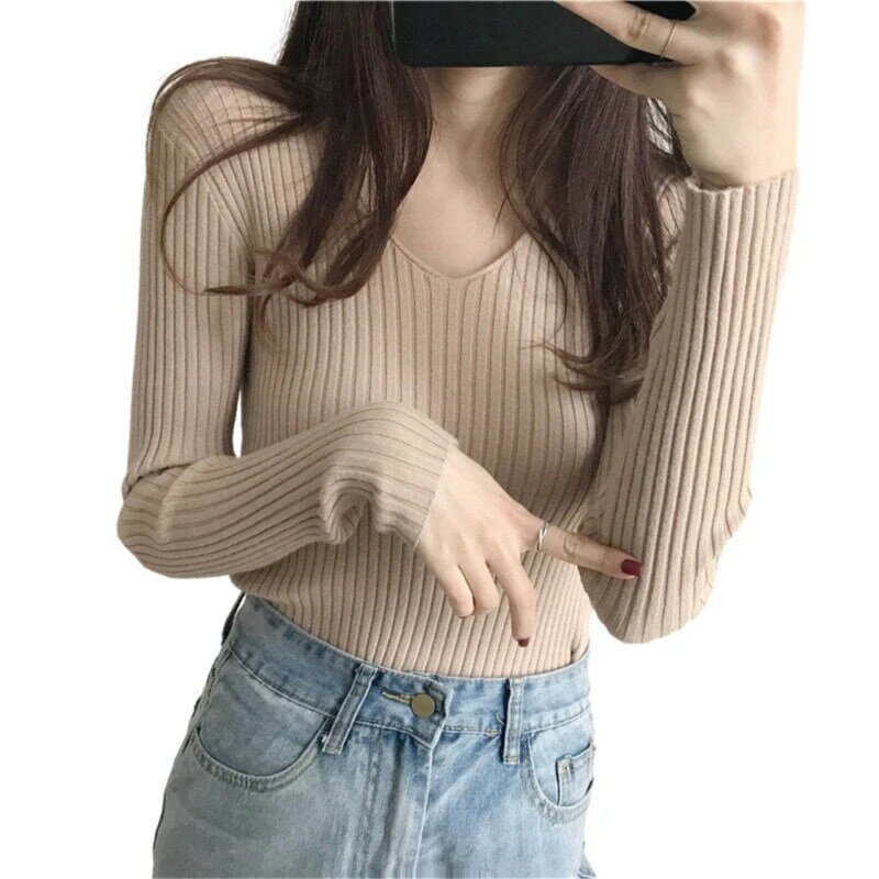 Long Sleeve Bodycon Sweater Casual Crochet Knit Pullover V-Neck Long Sleeve Loose Blouses for Womens