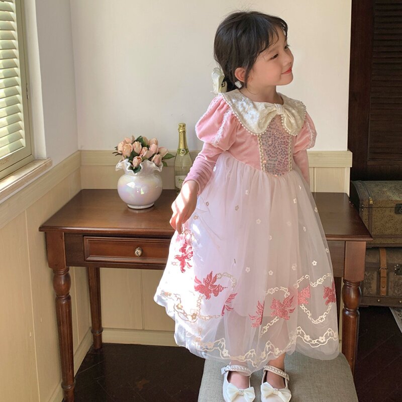 Vestido de manga comprida princesa Elsa feminino, vestido de performance infantil, gelo e neve 2, primavera, outono, novo