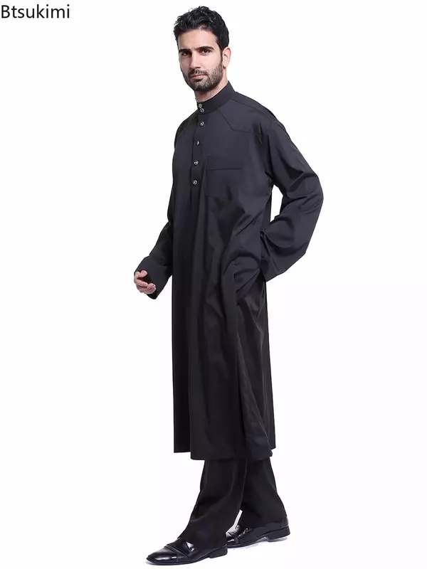 Moslim Arabische Mannen Jubba Thobe Button Gewaad + Pants2pcs Kleding Pak Abaya Saudi Arabië Eid Turkije Kurtas Islamitische Moslim Dagelijks jurk