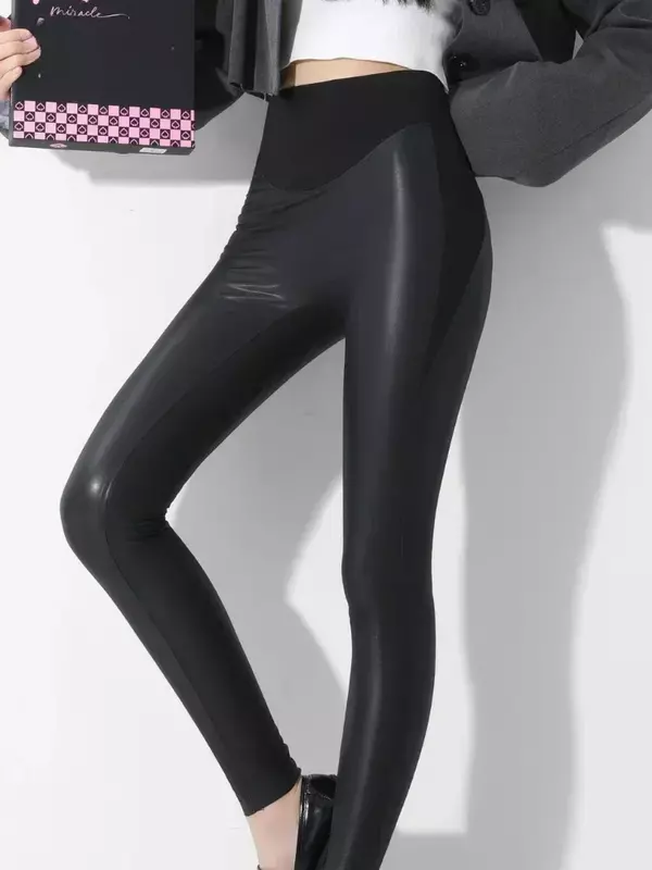 Legging taille haute en cuir PU élastique pour femme, pantalon Barbie mince, collants sexy, chaud, sourire, automne, hiver, 256