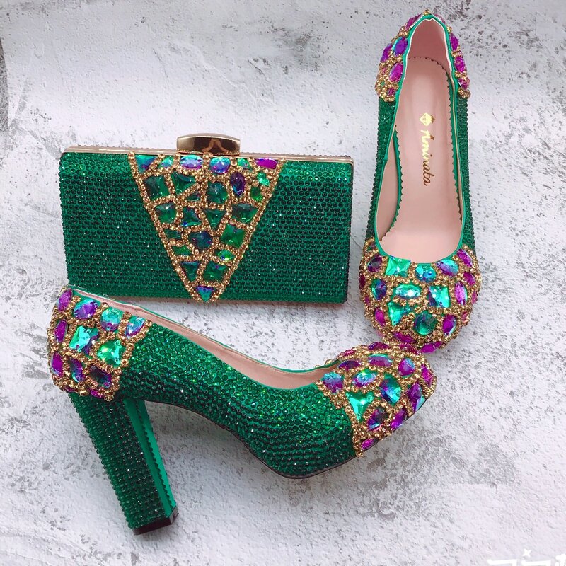 Green Crystal Shinning Rhinestone Sapatos e Saco Conjunto para Mulheres, Luxo Custom Made, Casamento Nupcial, BS1642, Novo Design
