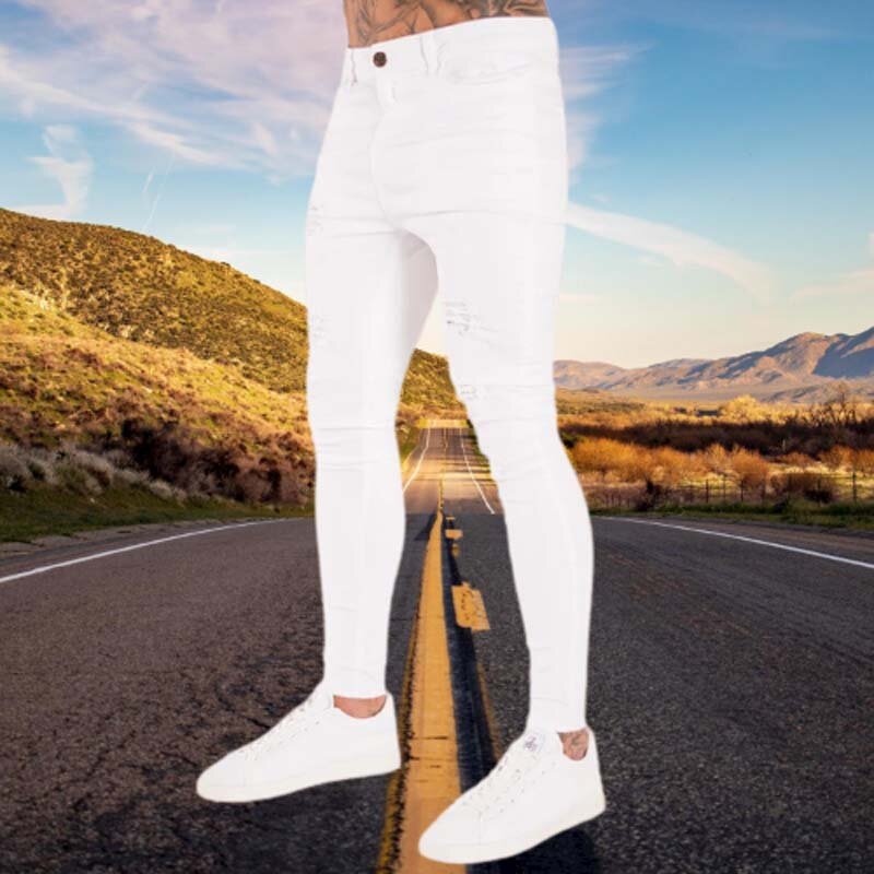 Pantalones vaqueros blancos de moda urbana para hombre, Jeans ajustados de alta calidad, rasgados, elásticos azules, pantalones de mezclilla para correr