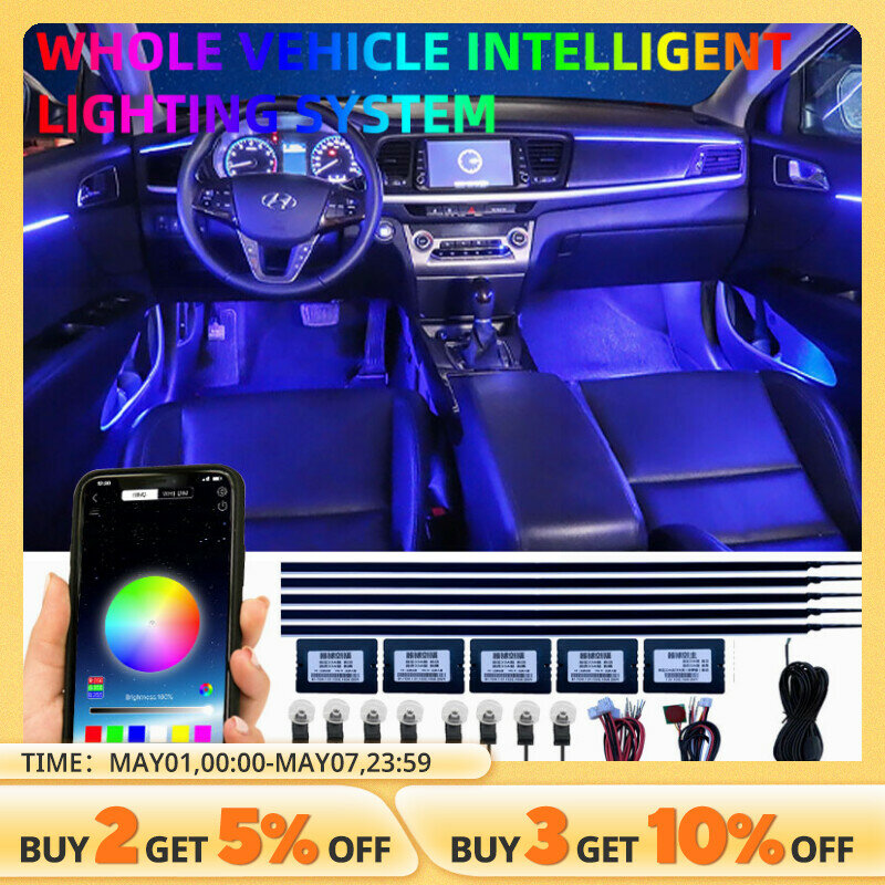 6in1 Car Interior Acrylic Guide Fiber Strip 18 in 1 Backlight Car Ambient Lights RBG 64 Color Decoration Atmosphere Lamp