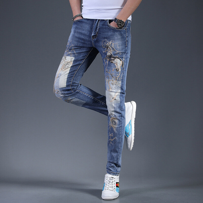 Jeans mewah dan modis untuk pria, pakaian denim baru 2024 pas badan dan celana kasual trendi kaki elastis