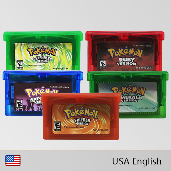 เกม Pokemon ชุด GBA 32บิตการ์ดคอนโซลเกมตลับทับทิมสีเขียวมรกตมีใบไพลินรุ่น USA สำหรับ gba/nds