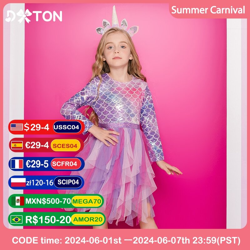 DXTON Autumn Princess Dress Mermaid Children Birthday Party Girls Dress Irregular Layered Prom Kids Long Sleeve Costumes 3-8Y