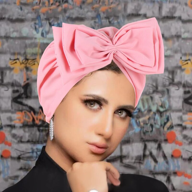 Musulmano tinta unita donna grande Bowknot Stretch Hijab turbante cappello foulard copricapo Cap Head Wrap chemio berretti accessori per capelli