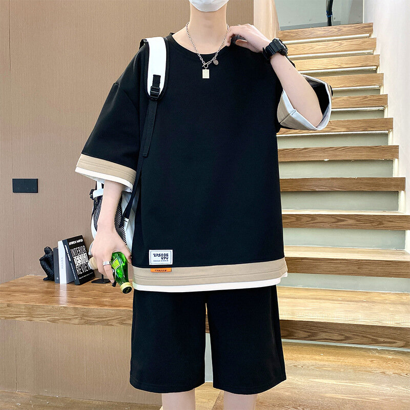 2024 summer new fashion casual sports suit for young men loose crew neck shorts short sleeve fashion two-piece set